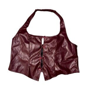 Shein Curve 2XL Burgundy Faux Leather Crop Top With Ribbon Detailing